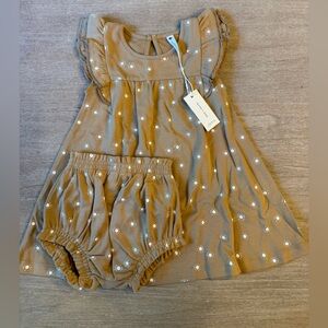 Quincy Mae Dress with Matching Bloomers Mustard Color with Sun Pattern.